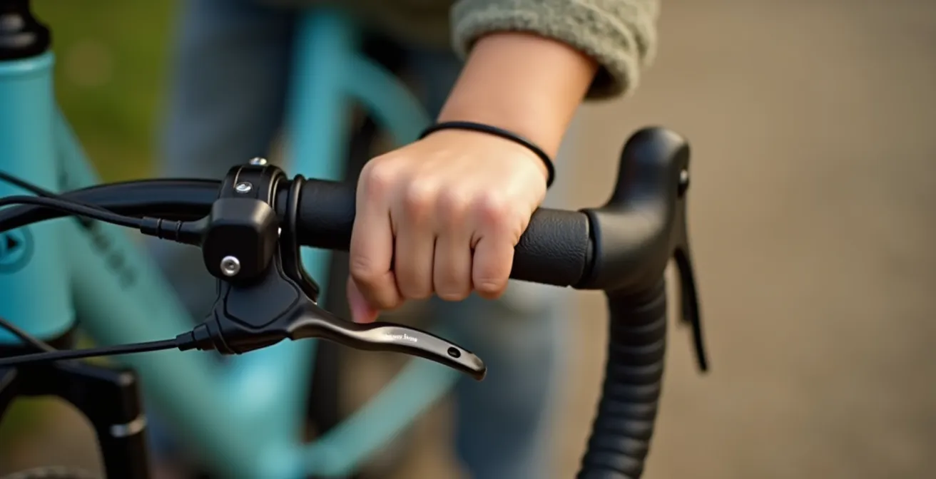 Un vélo enfant avec pneus larges et freins adaptés, présenté en gros plan avec une main d'enfant sur le levier de frein