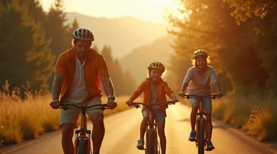 Une famille pédalant joyeusement à travers différents terrains : ville, forêt et montagne, symbolisant l'aventure et la sécurité.