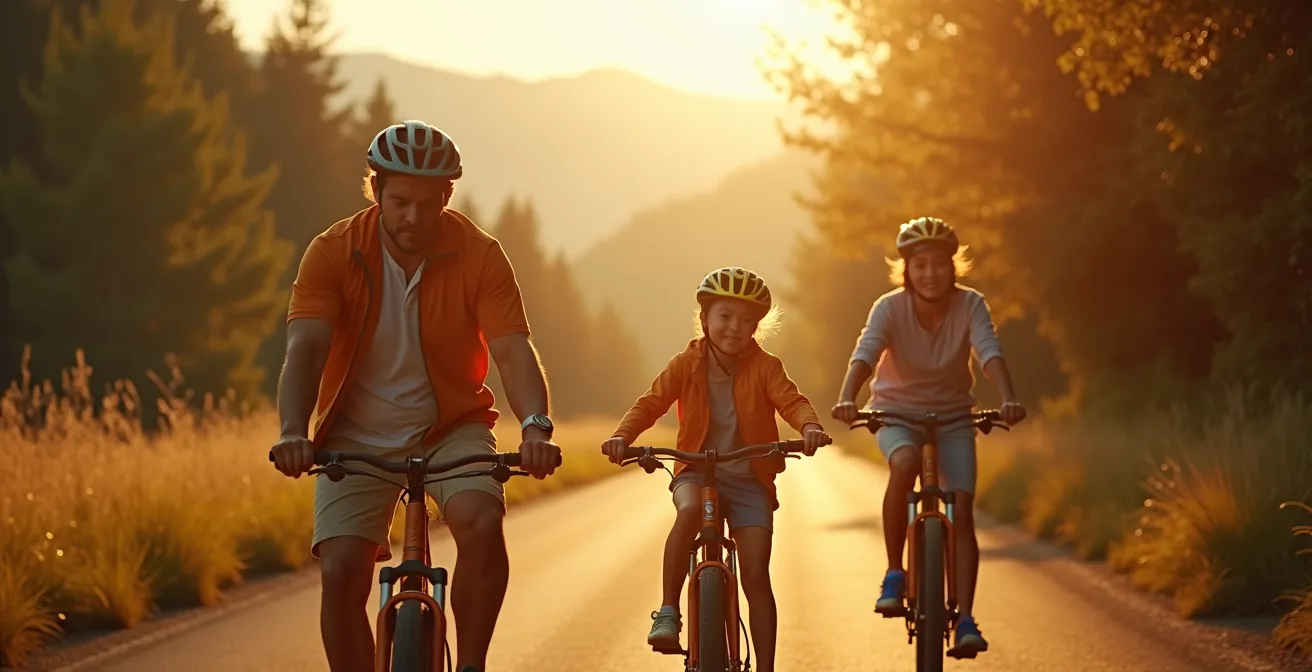 Une famille pédalant joyeusement à travers différents terrains : ville, forêt et montagne, symbolisant l'aventure et la sécurité.