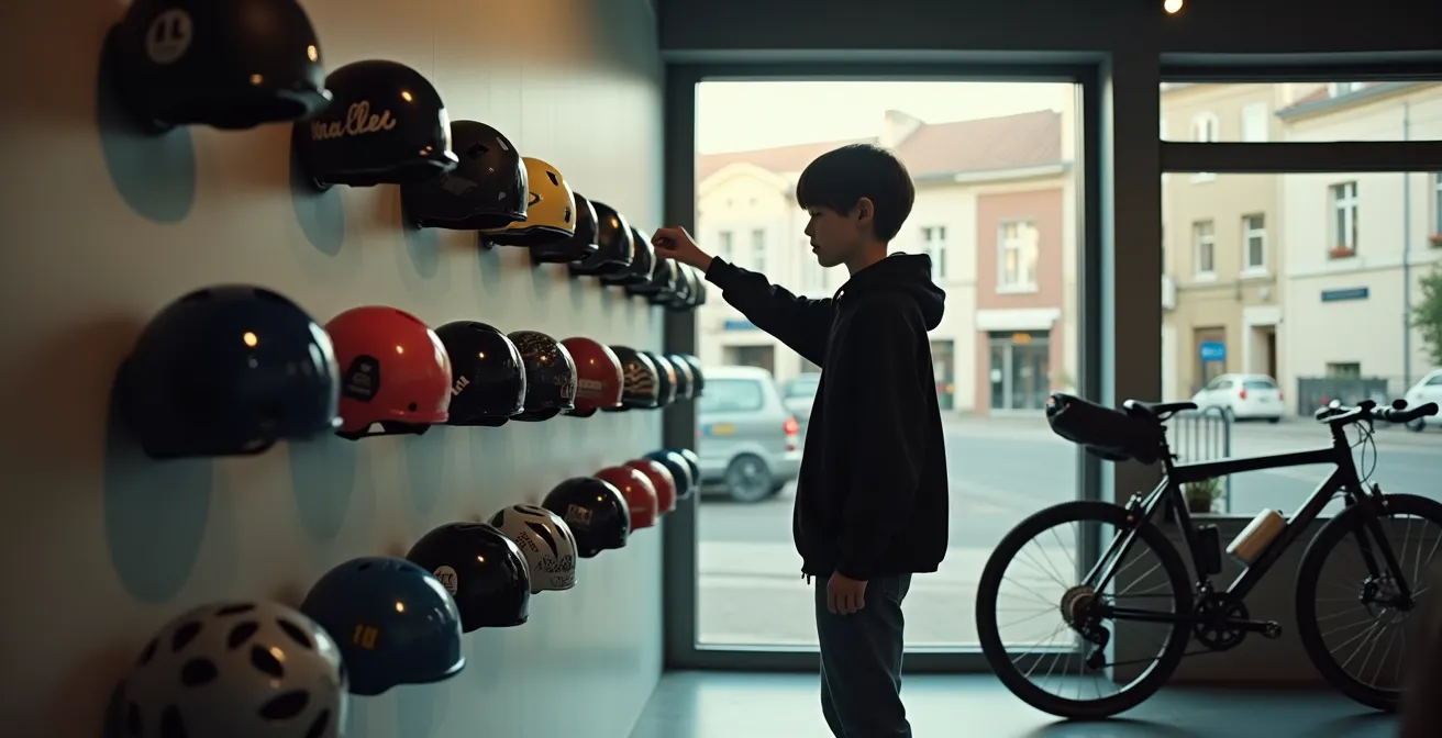 Adolescent essayant différents modèles de casques dans un magasin de vélo