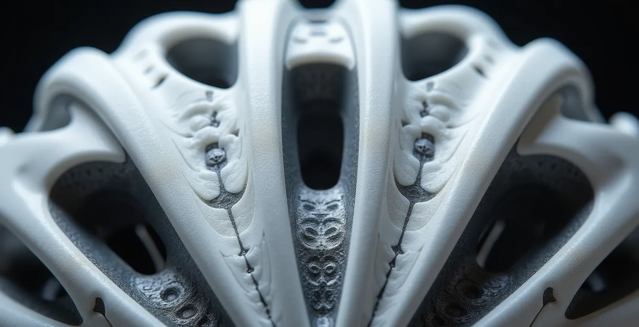 Coupe anatomique d'un casque de vélo montrant la dissipation de l'énergie lors d'un impact