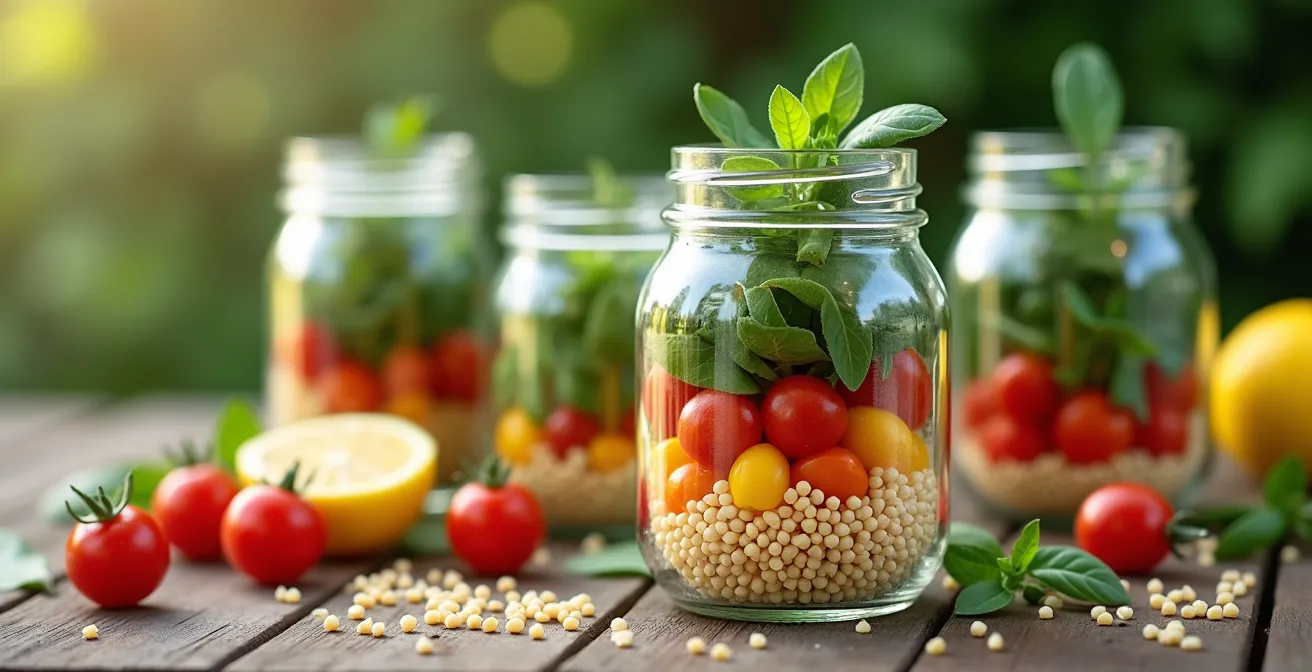 Préparation d'un taboulé avec ingrédients séparés dans des bocaux en verre sur une table de pique-nique