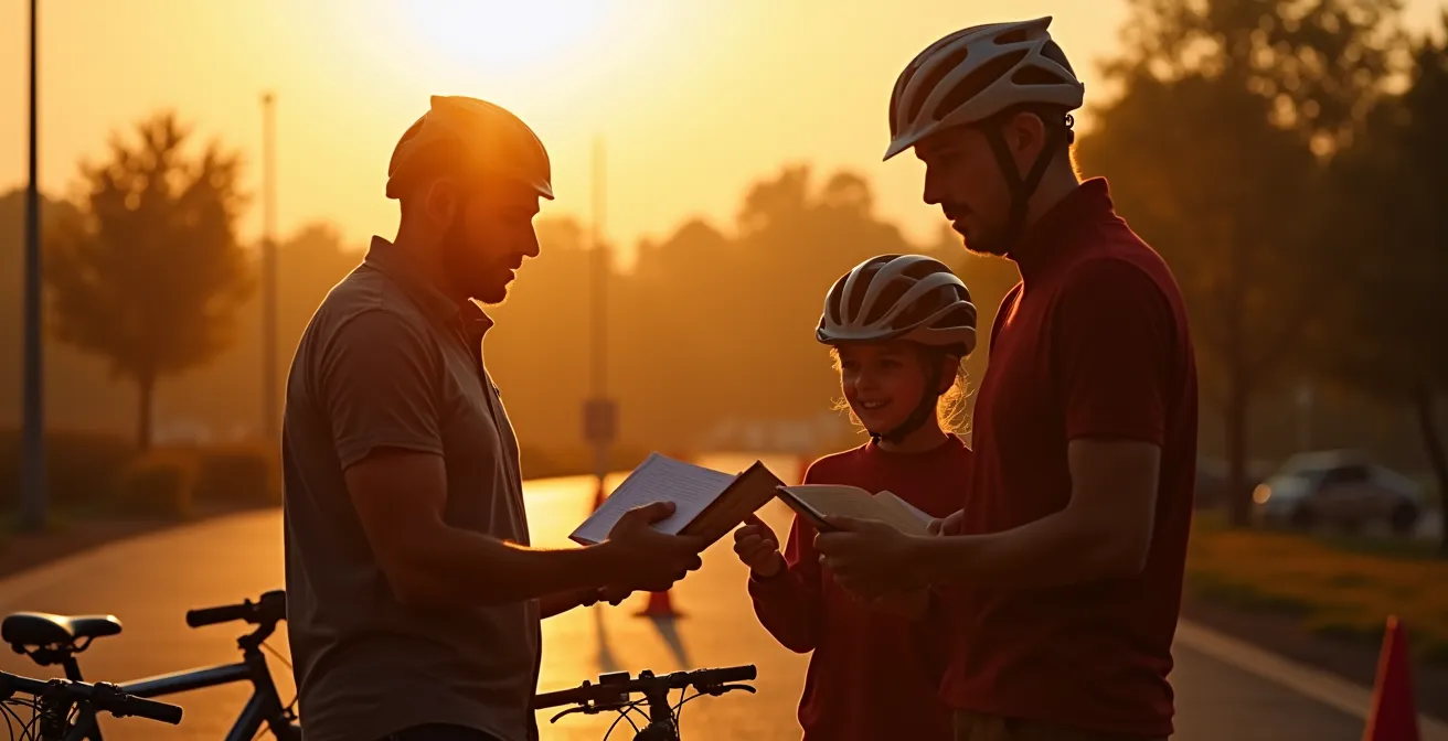 Moniteur montrant un carnet de progression à un parent et son enfant après une séance