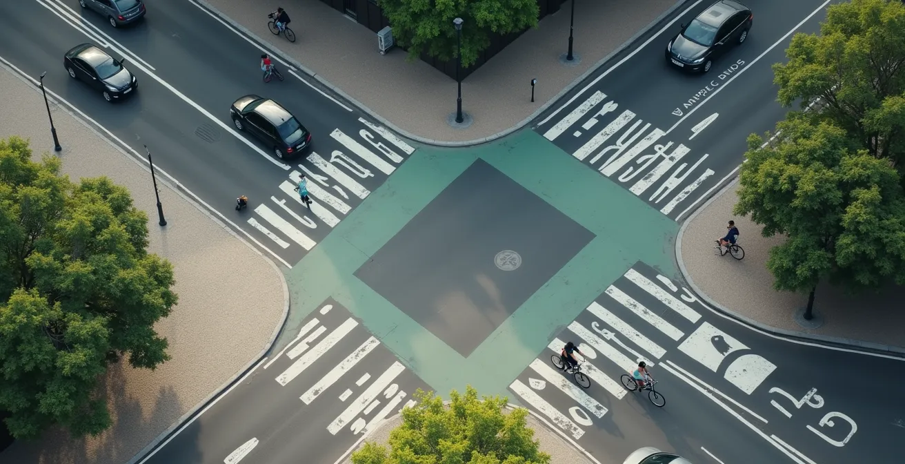 Vue aérienne d'un carrefour français montrant la règle de priorité à droite avec des cyclistes
