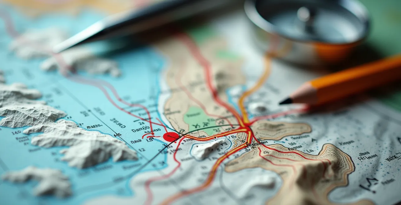 Vue macro d'une carte IGN avec annotations de sécurité et marqueurs colorés