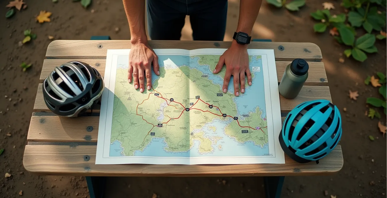 Écran montrant l'interface IGN Géoportail avec superposition de couches cartographiques pour analyser un itinéraire vélo