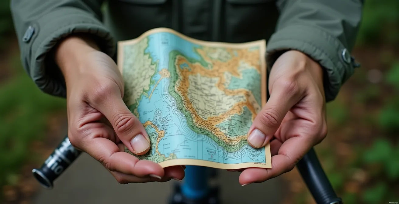 Vue macro d'une main tenant une carte avec un vélo flou en arrière-plan sur une voie verte