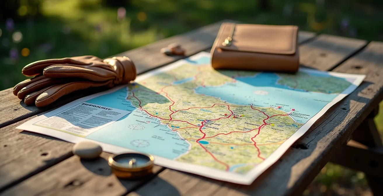 Carte illustrée des véloroutes françaises avec famille consultant un carnet de voyage