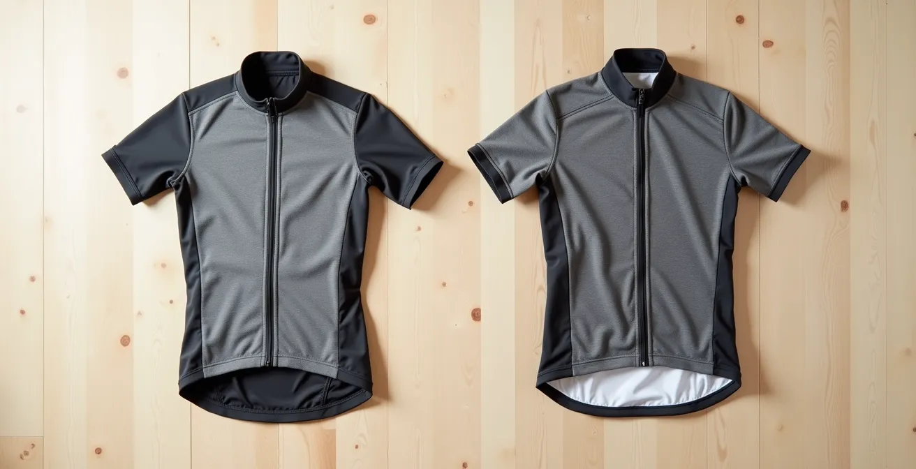 Silhouettes comparatives montrant les différences de proportions entre un maillot enfant et un maillot adulte XS