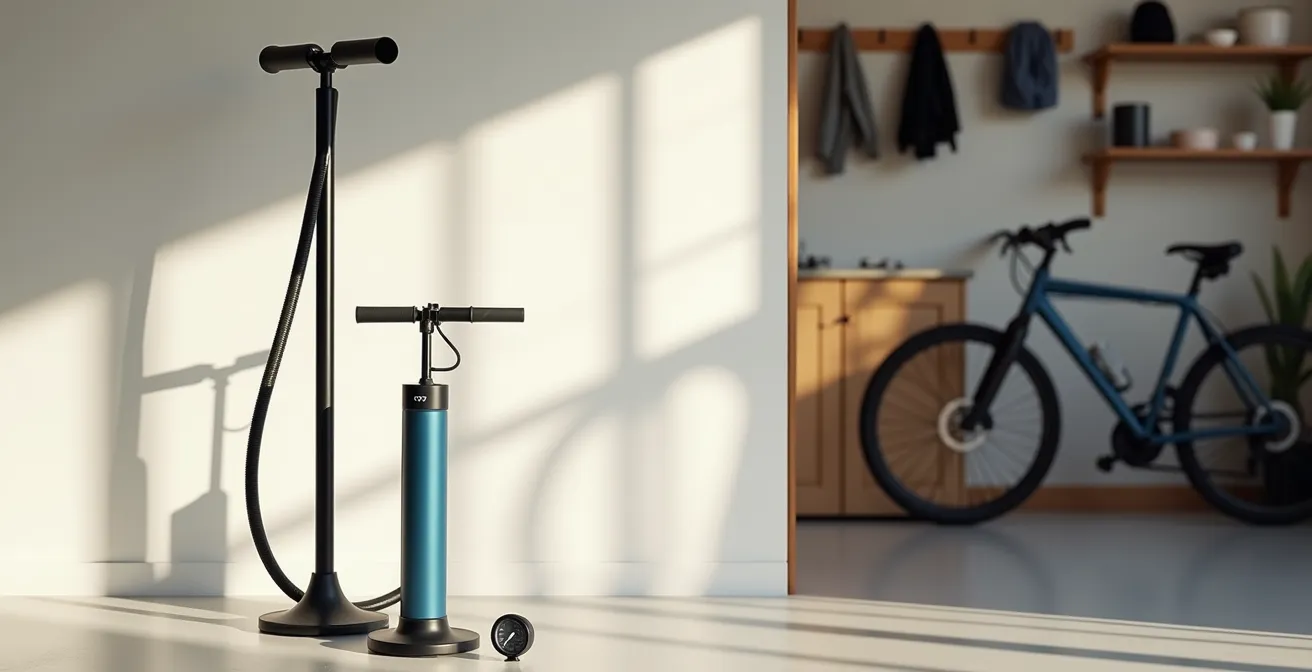 Comparaison visuelle entre pompe à pied et pompe à main dans un garage familial