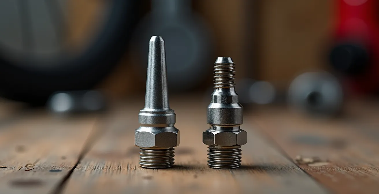 Vue macro détaillée montrant la différence entre une valve Presta fine et une valve Schrader plus large