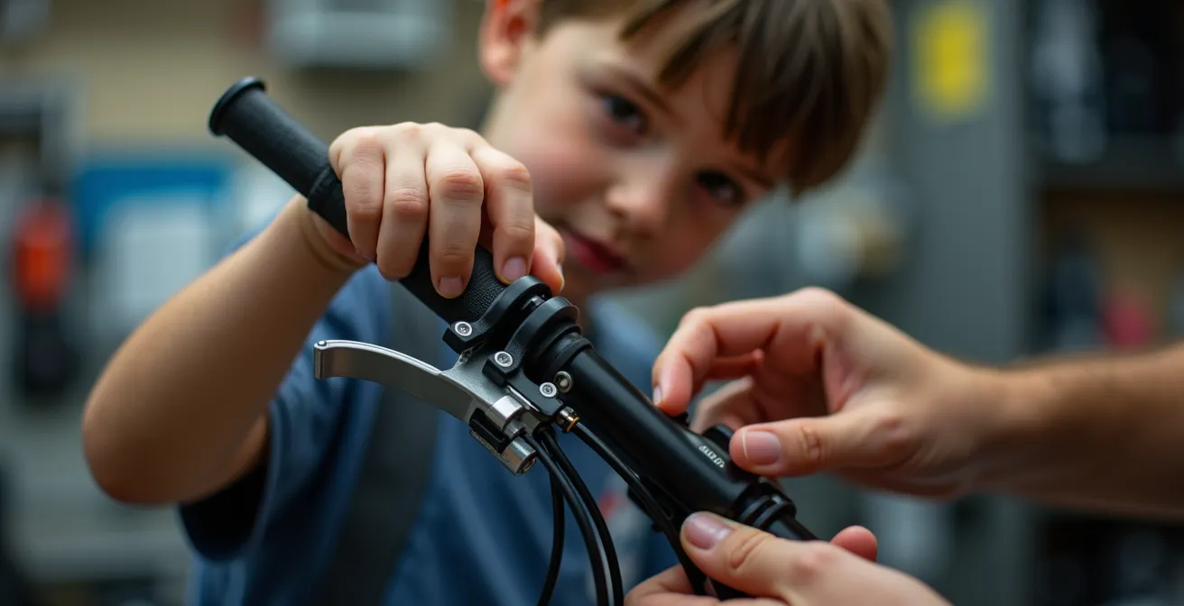 Gros plan sur des mains d'enfant vérifiant minutieusement les câbles de frein d'un vélo avec un parent qui supervise