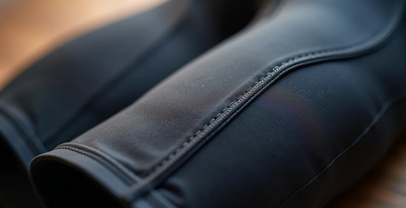 Vue macro des coutures plates d'un cuissard cycliste montrant la qualité de fabrication