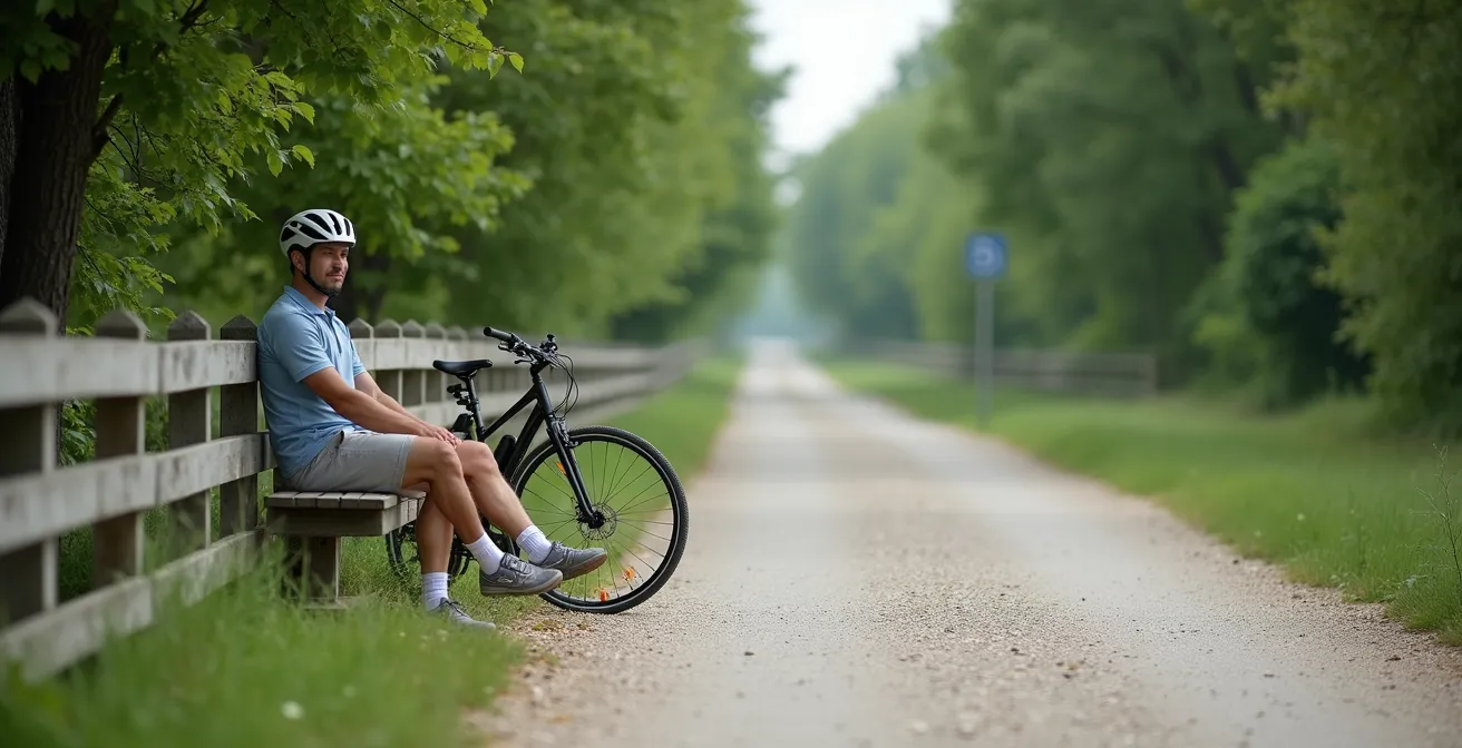 Cycliste débutant souriant faisant une pause sur une voie verte française