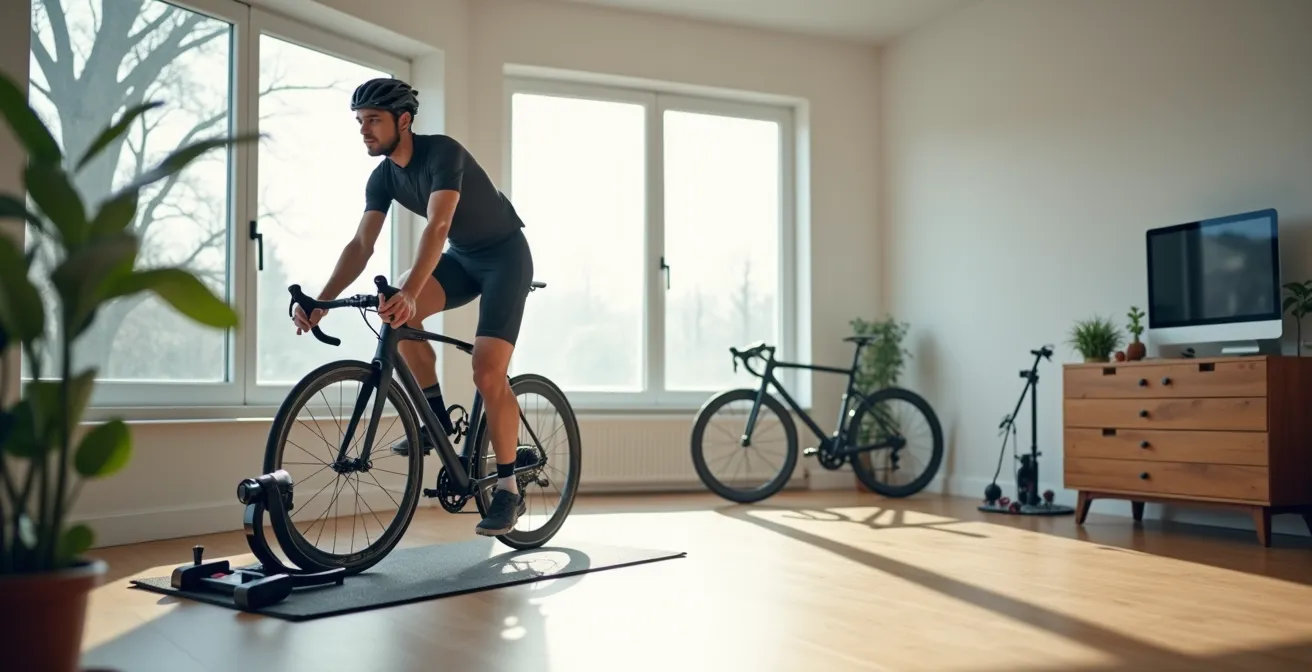 Cycliste concentré sur home-trainer dans son espace d'entraînement intérieur