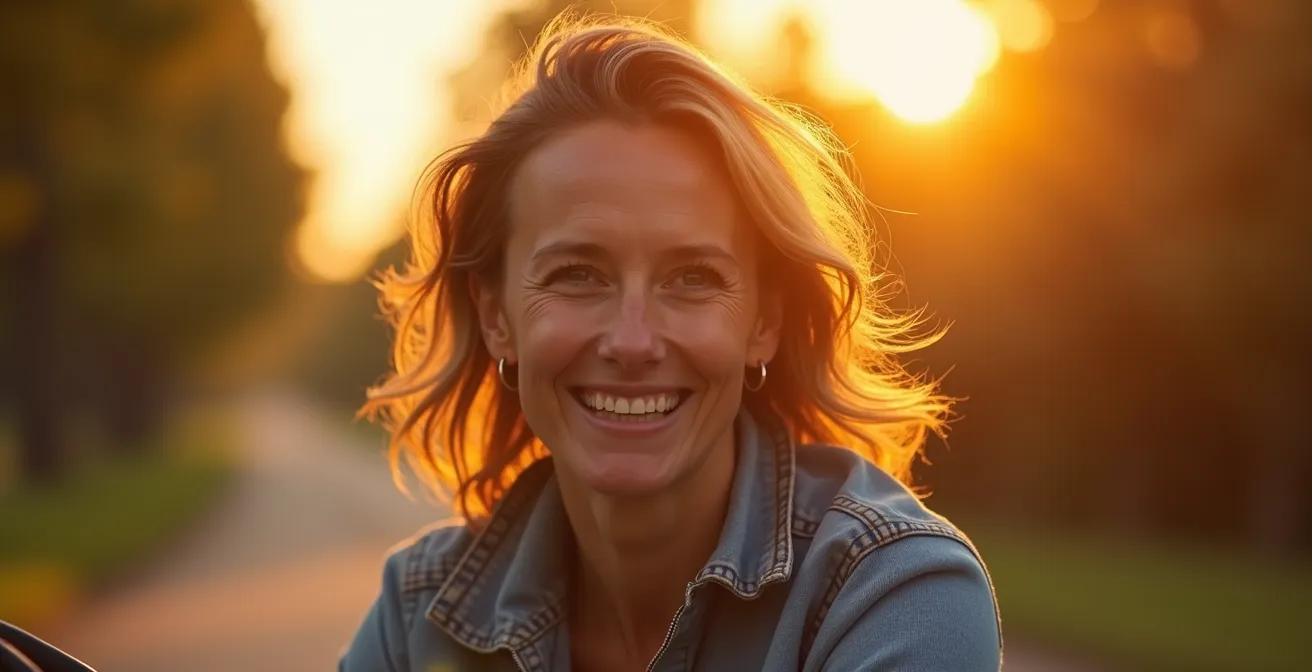 Cycliste pédalant au coucher du soleil sur une piste cyclable bordée d'arbres