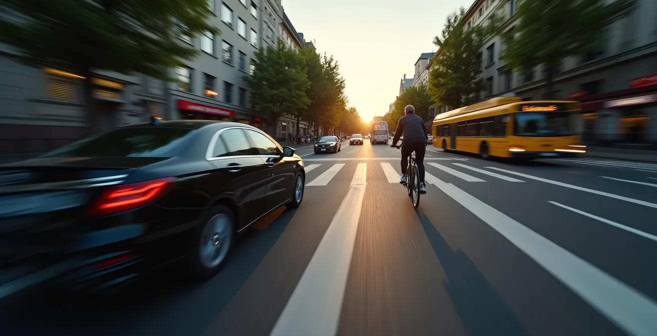 Cycliste en situation urbaine montrant une vigilance active dans la circulation