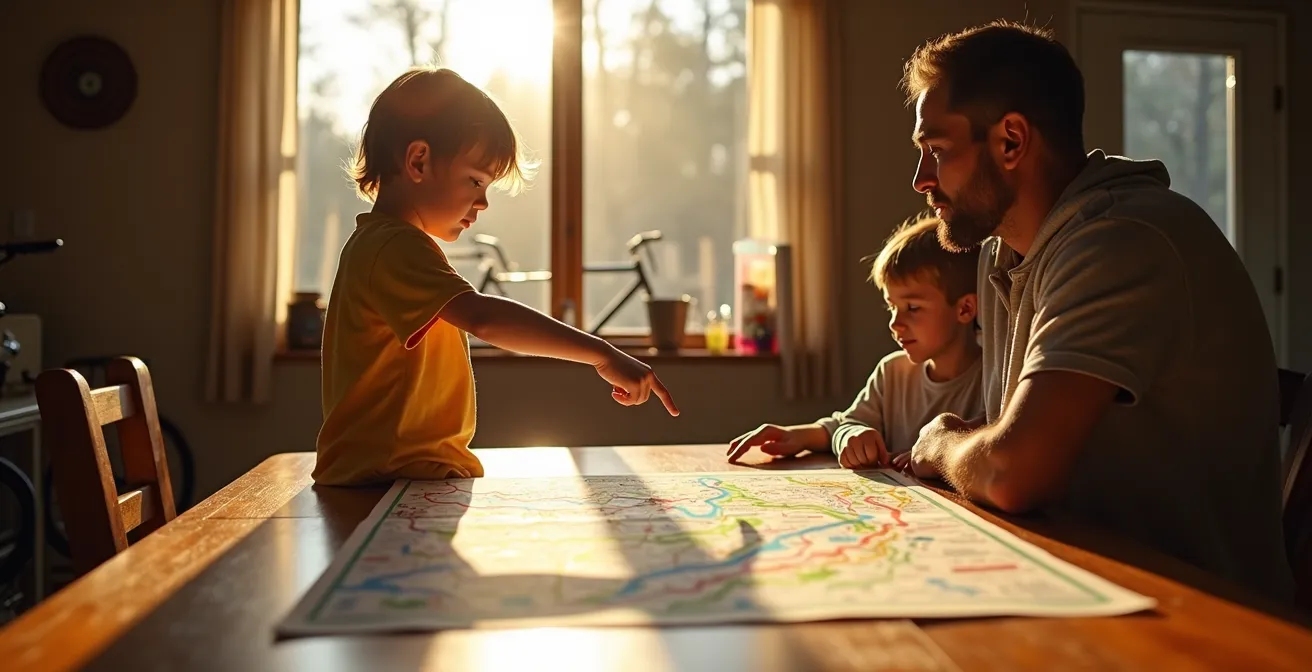 Famille réunie autour d'une table après une sortie vélo, enfant montrant fièrement son parcours sur une carte