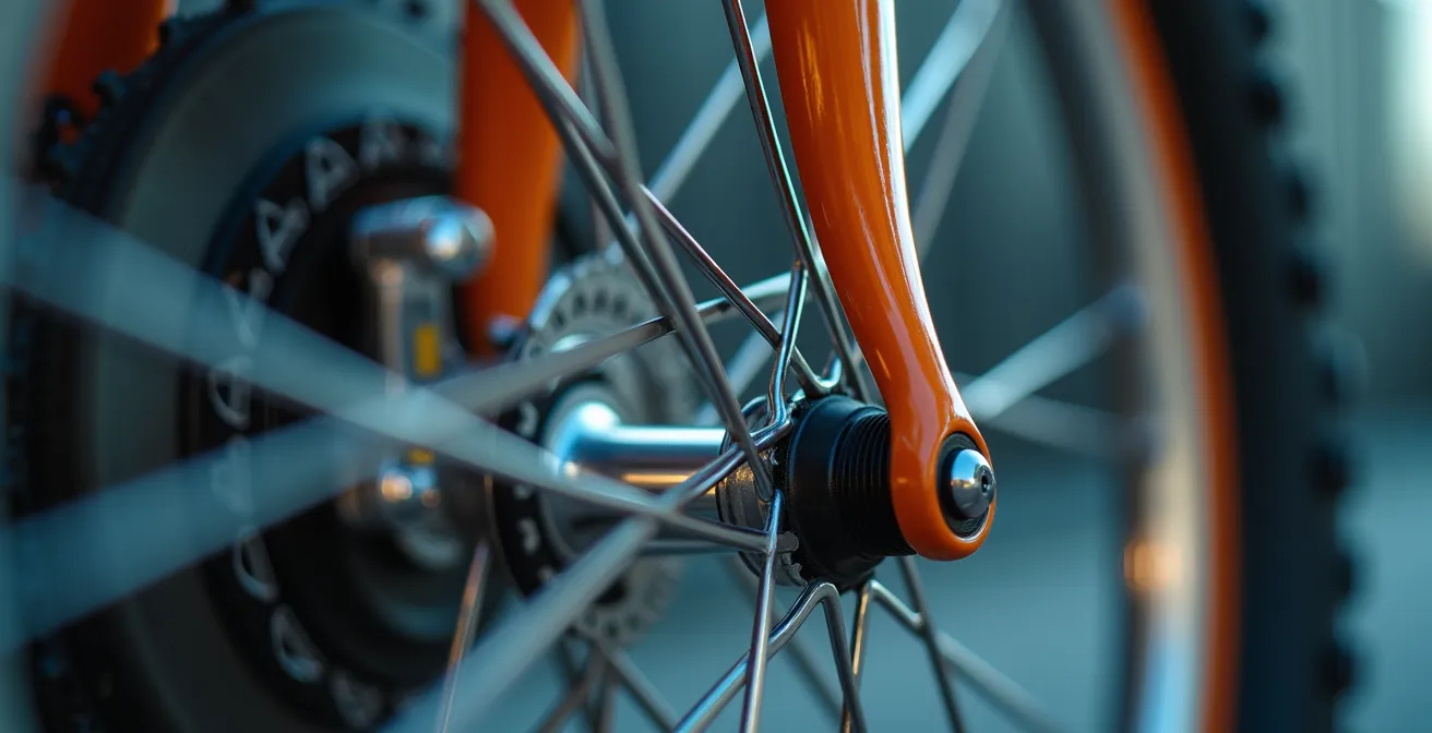 Gros plan sur une roue de vélo avec reflet du regard d'un conducteur dans le chrome