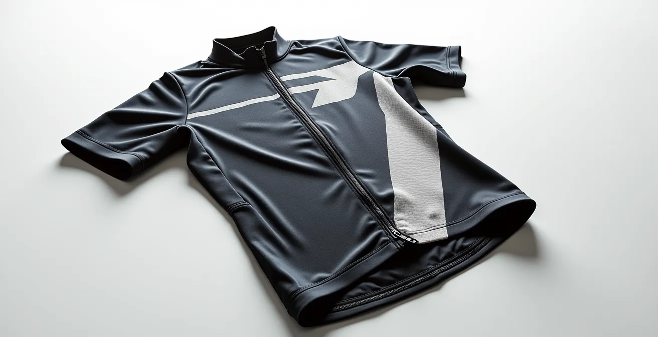 Détails de finition d'un maillot de cyclisme montrant les coutures plates et le zip YKK