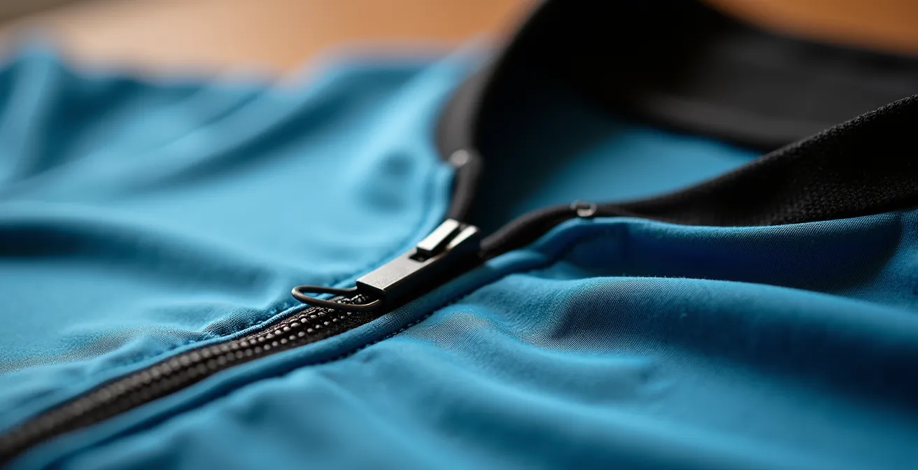Vue macro des détails techniques d'un maillot de vélo enfant avec focus sur les coutures plates et la fermeture éclair