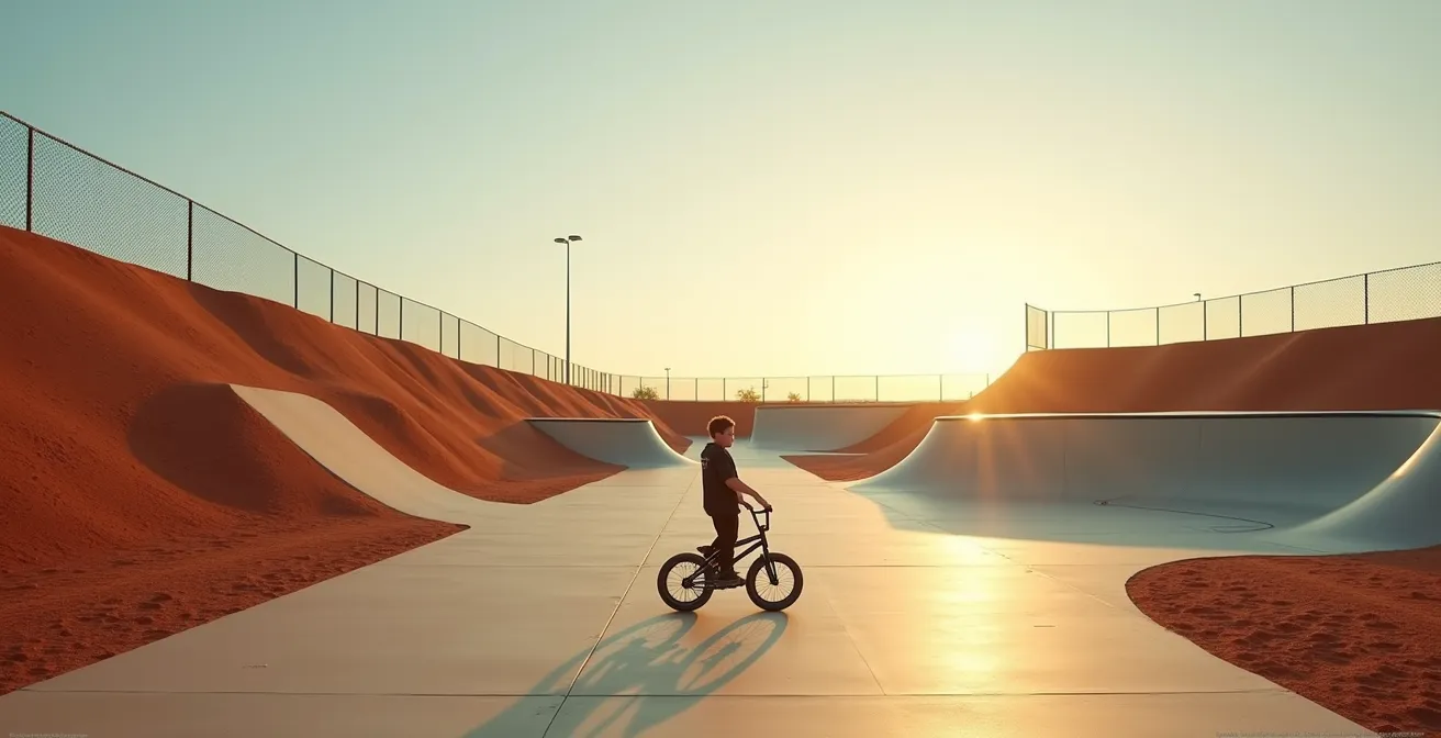 Enfant au milieu entre une piste de BMX Race à gauche et un skatepark à droite