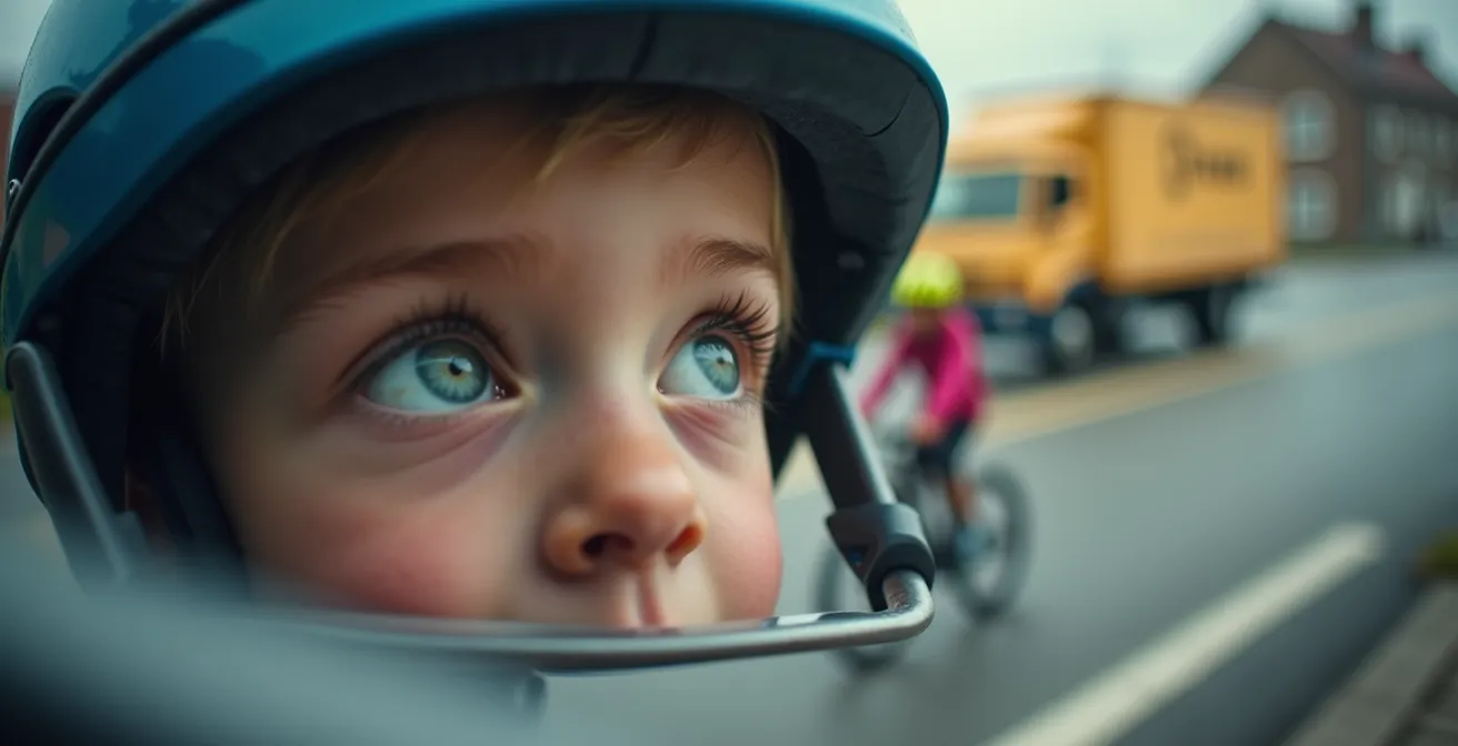 Vue macro sur l'œil concentré d'un enfant cycliste observant la circulation