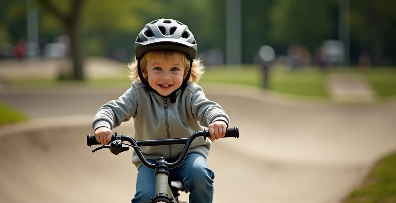 Jeune cycliste sur un pumptrack public français, capturant le mouvement et l'énergie de la pratique
