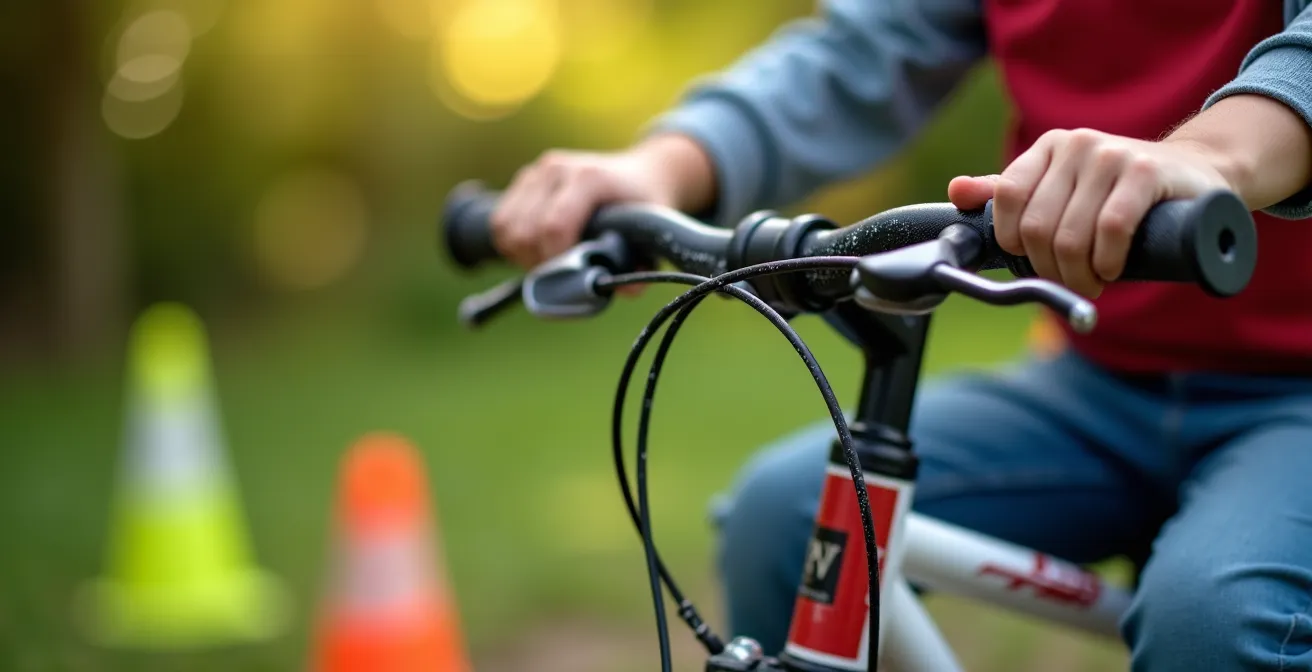 Vue aérienne d'un enfant effectuant un slalom entre des plots colorés disposés en zigzag sur une pelouse