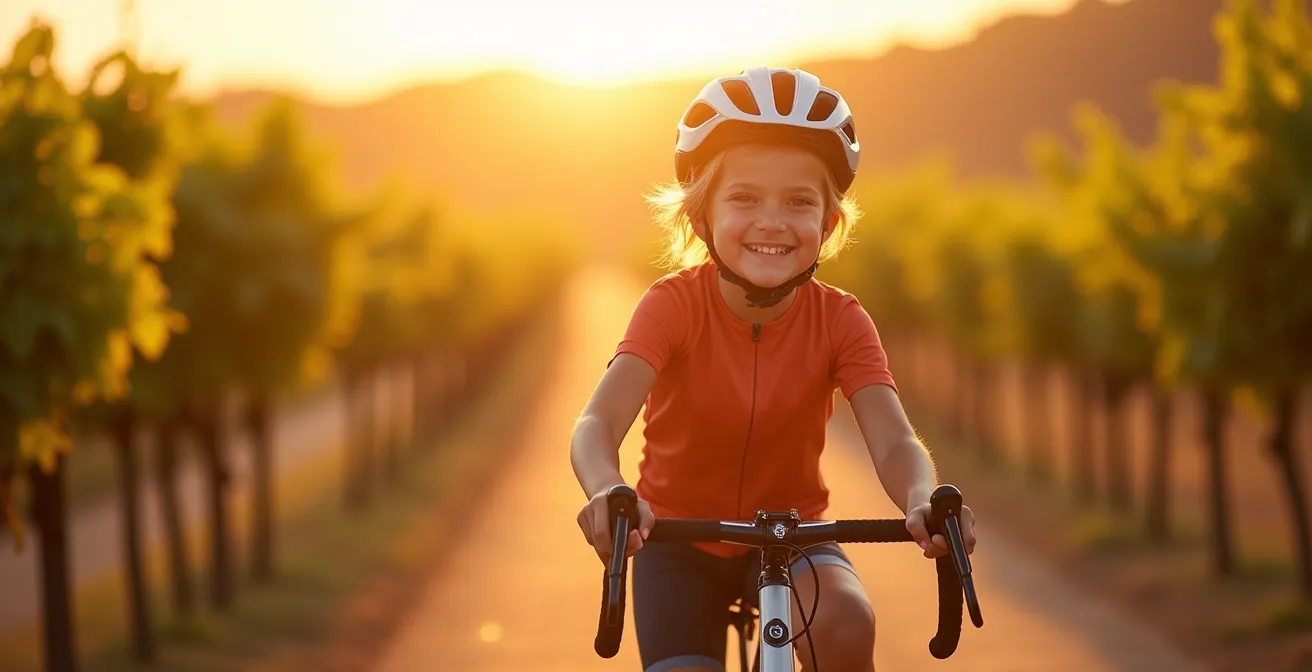 Enfant souriant sur son vélo traversant la campagne française ensoleillée