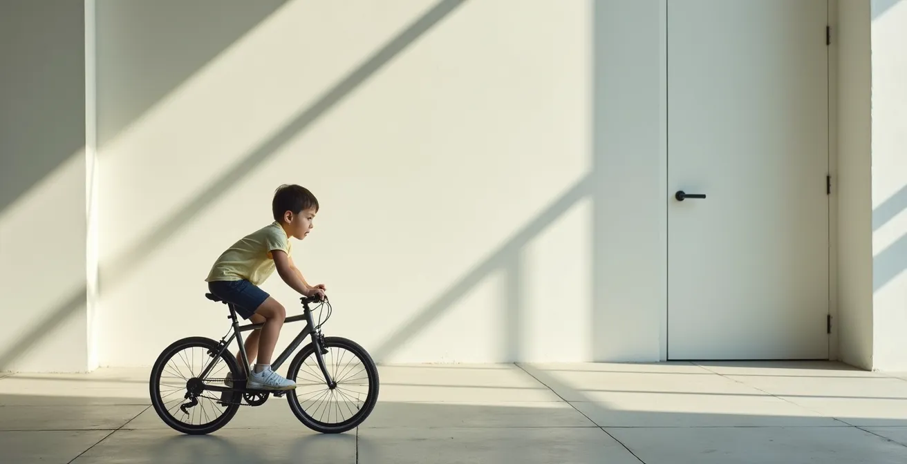 Vue latérale d'un enfant cycliste concentré scannant son environnement urbain, le regard porté au loin avec détermination