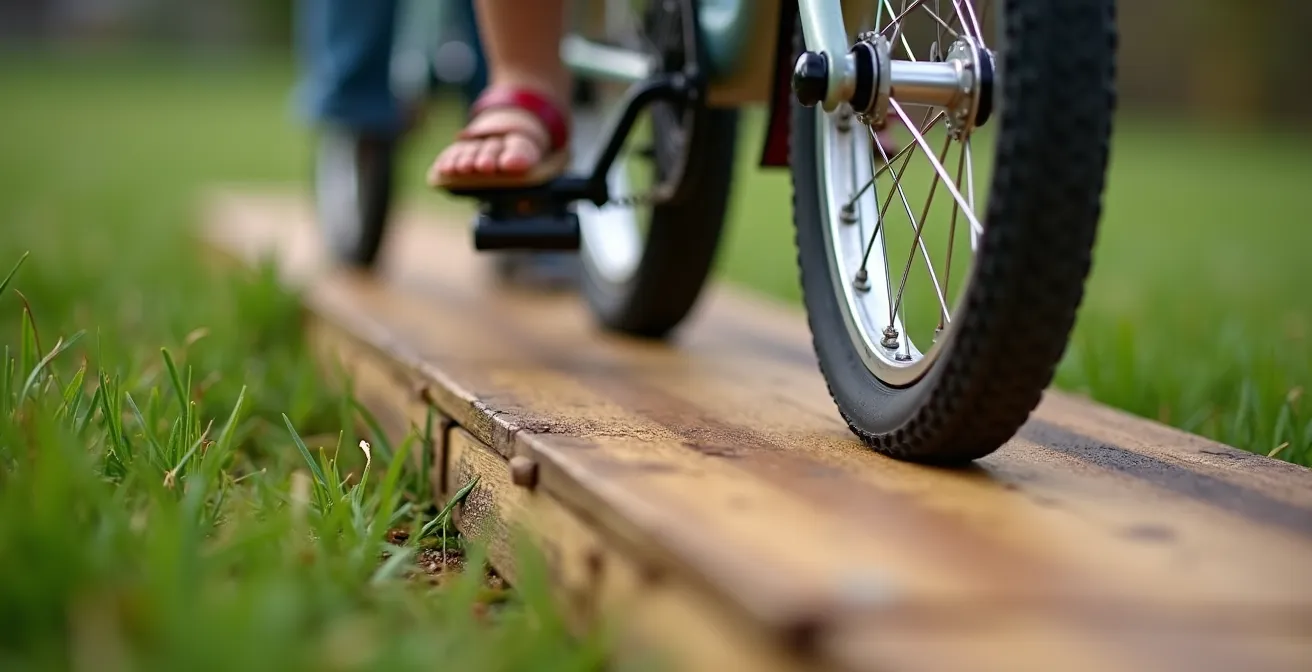 Enfant sur vélo franchissant un petit obstacle en bois dans un jardin