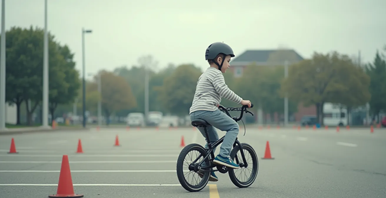 Enfant en position de freinage sur son vélo dans un parking sécurisé