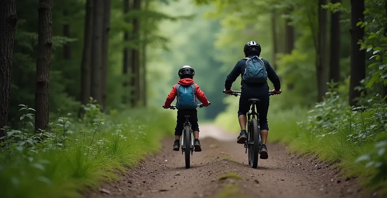 Enfant à VTT s'arrêtant poliment pour laisser passer des randonneurs sur un sentier forestier