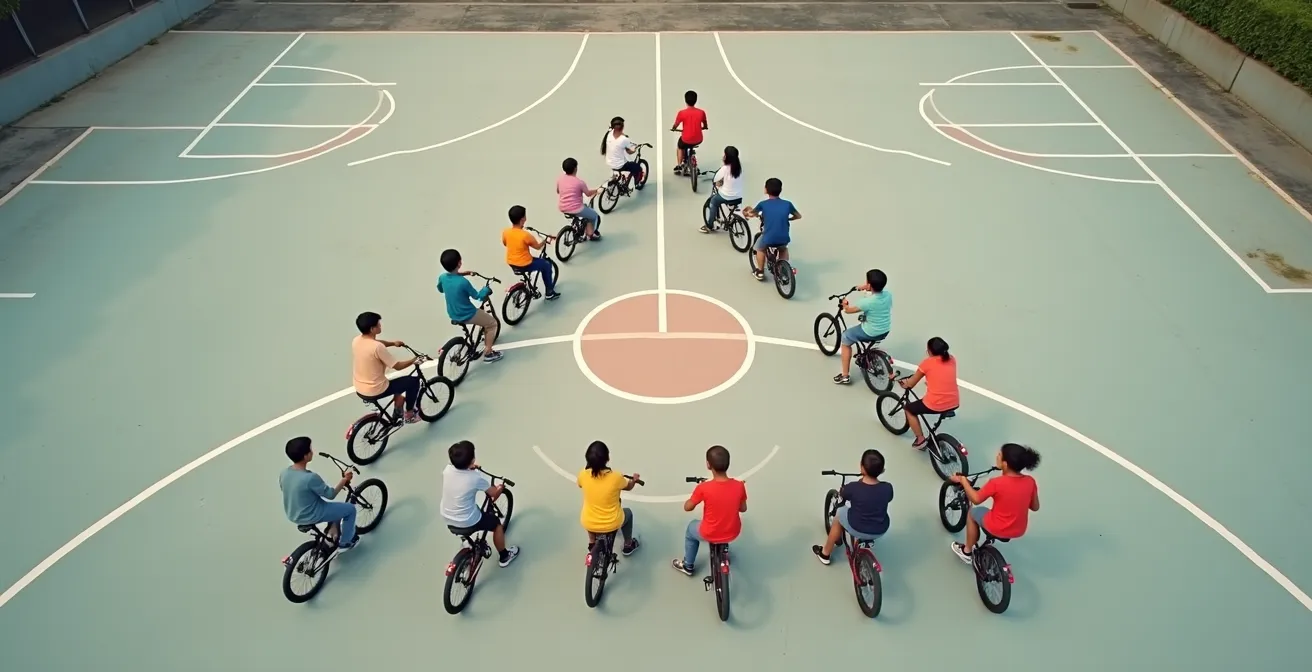 Vue aérienne d'enfants formant un triangle parfait avec leurs vélos dans une cour d'école