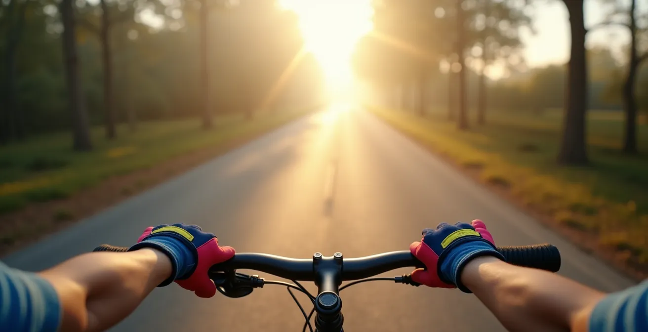 Gros plan sur les mains gantées d'un enfant tenant un guidon de vélo
