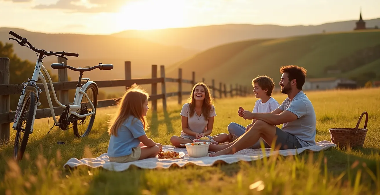 Vue large d'une famille assise dans l'herbe près de leurs vélos, partageant un goûter