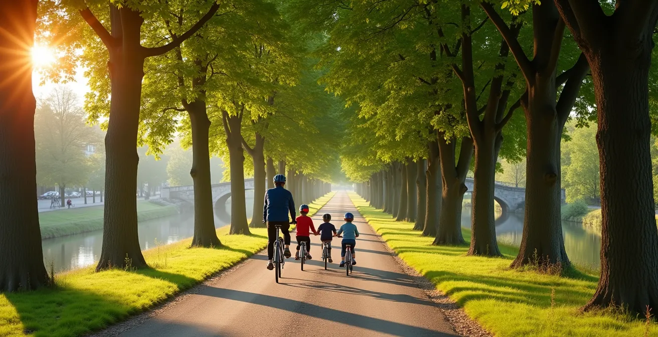 Famille à vélo sur une voie verte le long d'un canal en France