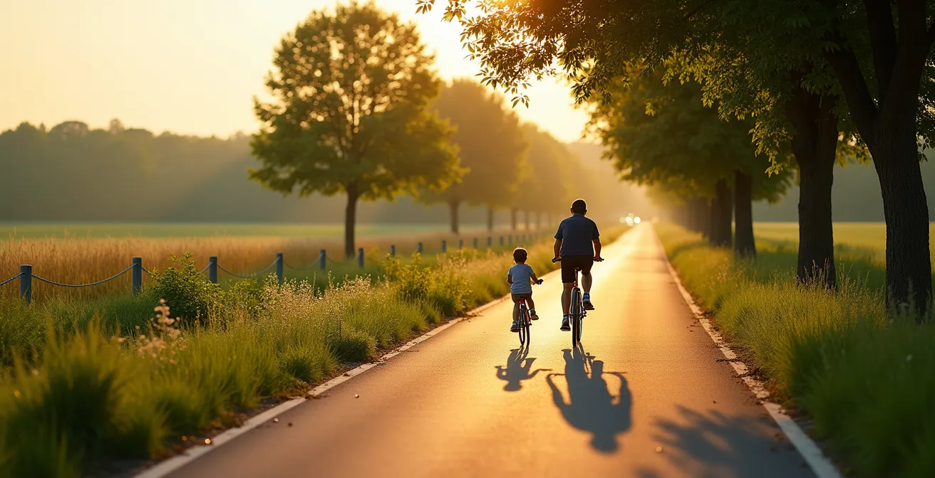 Famille à vélo sur une voie verte sécurisée bordée d'arbres