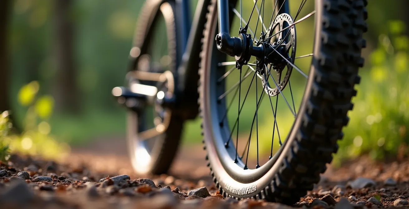 Vélo gravel stationné sur un chemin de terre avec sacoches de bikepacking dans la forêt française