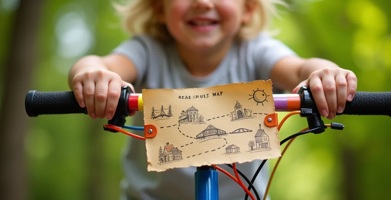 Gros plan sur les mains d'un enfant tenant le guidon d'un vélo avec une carte au trésor attachée
