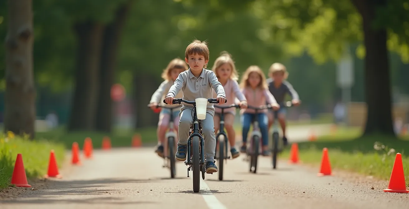 Enfants à vélo formant une escorte protectrice autour d'un cycliste transportant un gobelet d'eau sur un parcours balisé