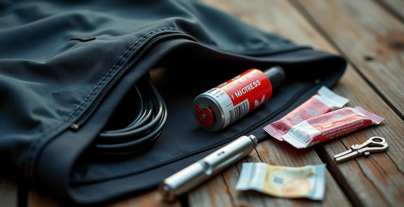 Gros plan sur le contenu des poches d'un maillot de cycliste avant une course