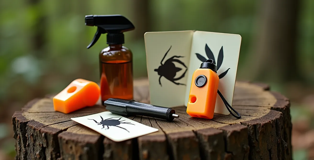 Kit de sécurité forestière disposé sur une souche : tire-tique, répulsif, sifflet et guide des plantes