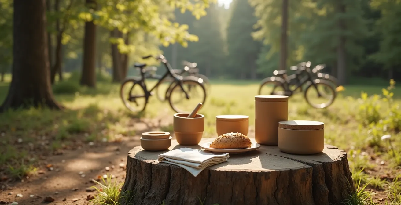 Kit zéro déchet du cycliste avec contenants réutilisables et bee wraps disposés sur une souche d'arbre