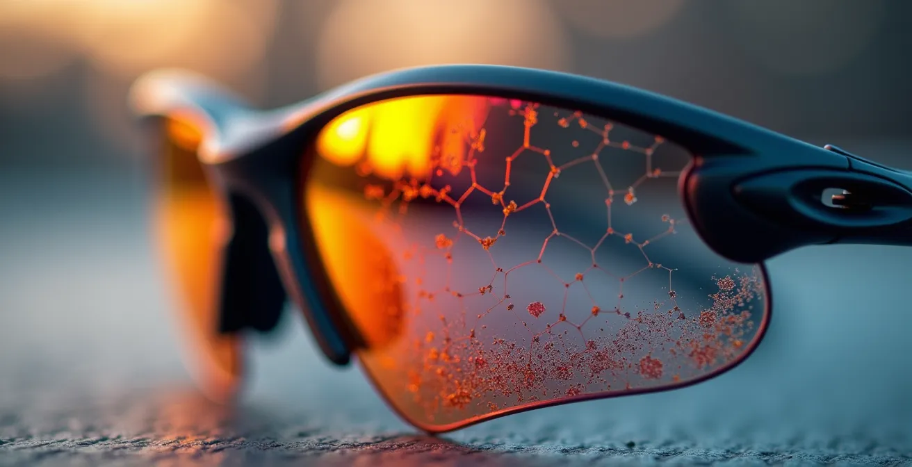 Détail macro de verres photochromiques de lunettes de cyclisme