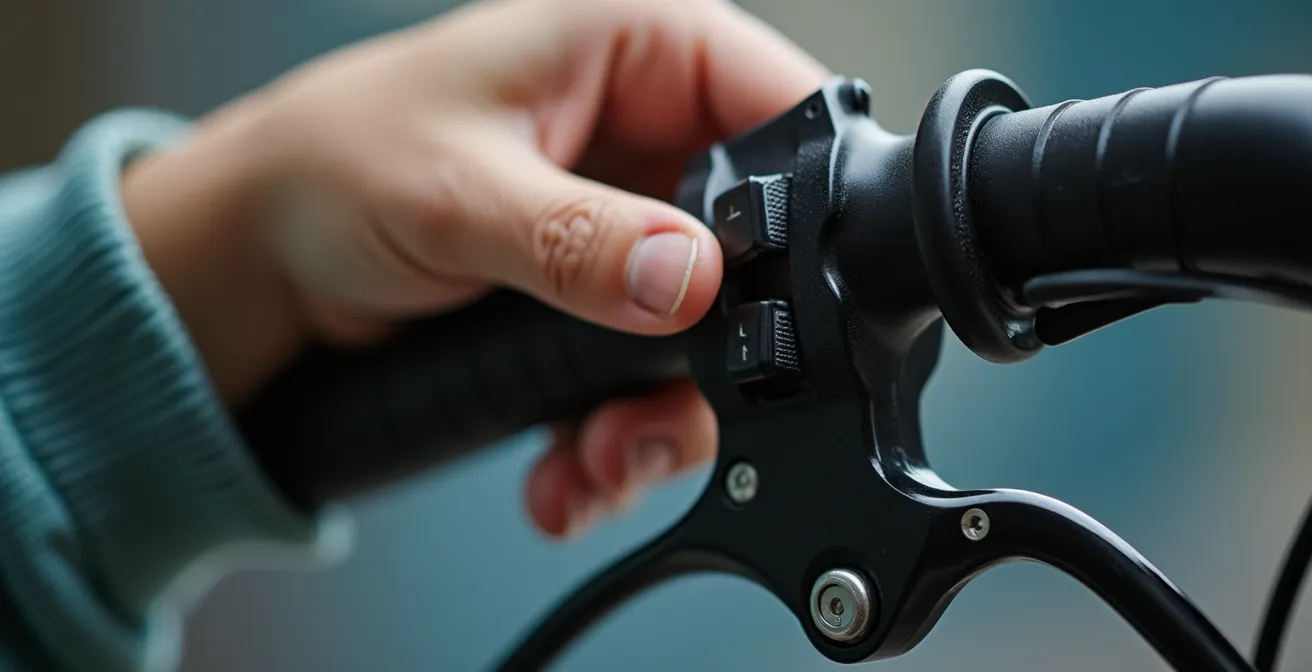 Main d'enfant ajustant la molette de tension du frein sur le guidon d'un vélo