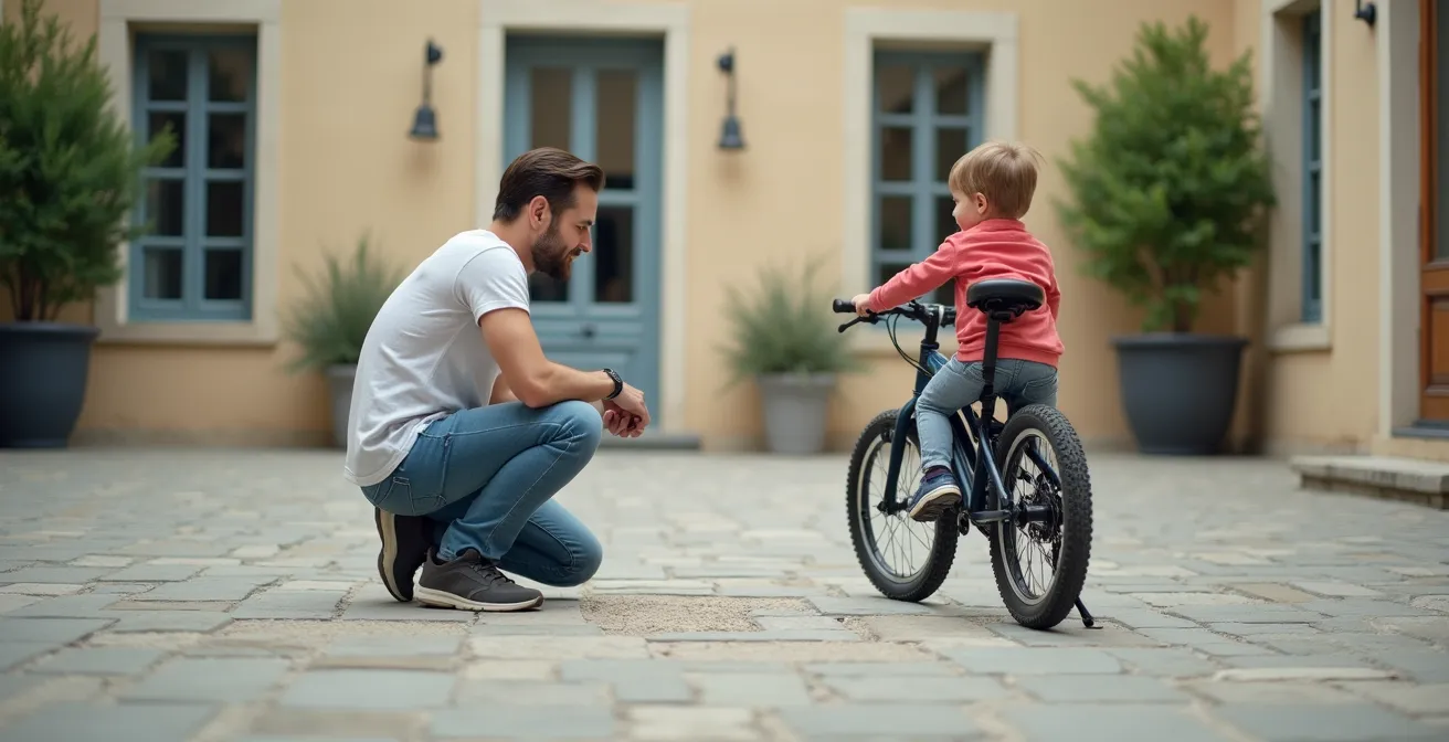 Parent vérifiant la pression du pneu en observant l'écrasement sous le poids de l'enfant assis
