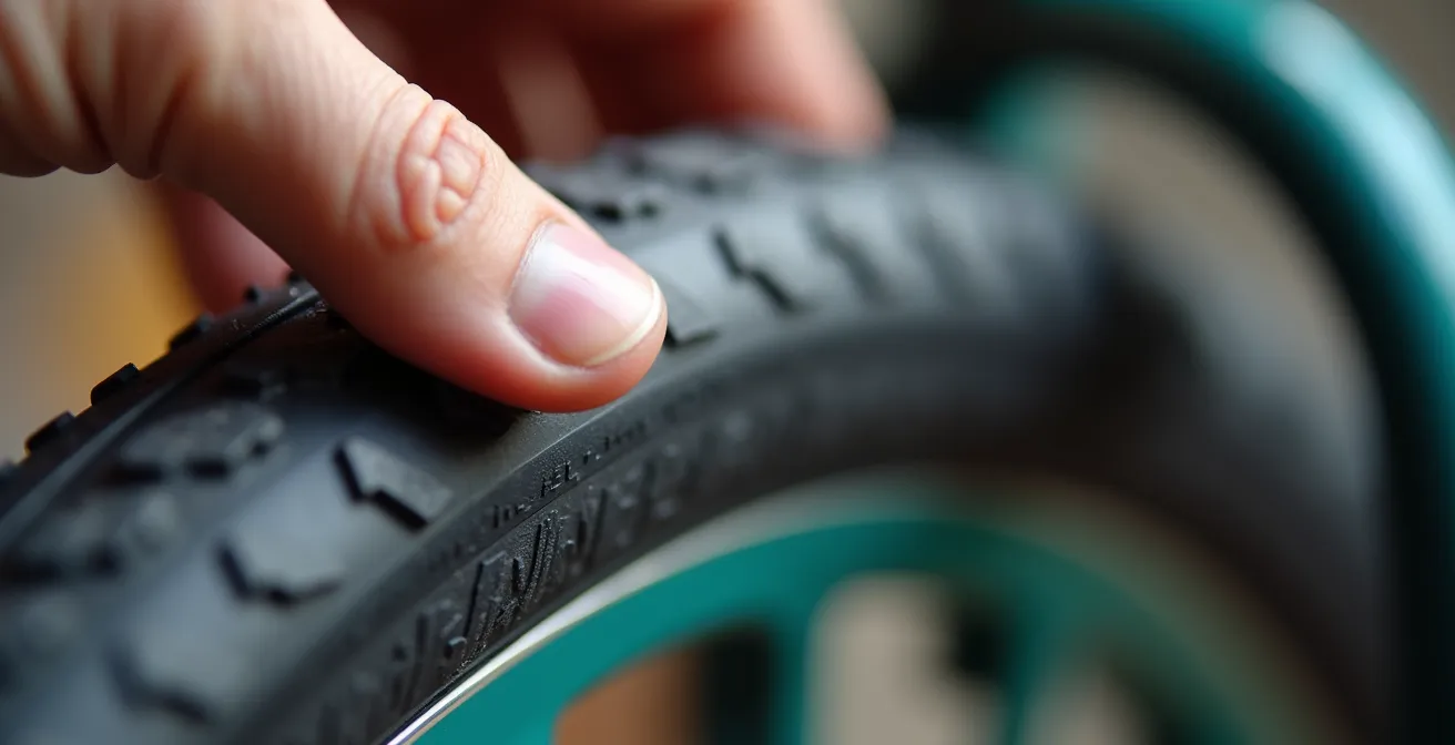 Gros plan sur une main testant la pression d'un pneu de vélo enfant avec le pouce