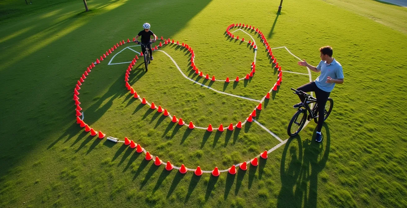 Moniteur décomposant un mouvement technique avec des cônes colorés pour un enfant